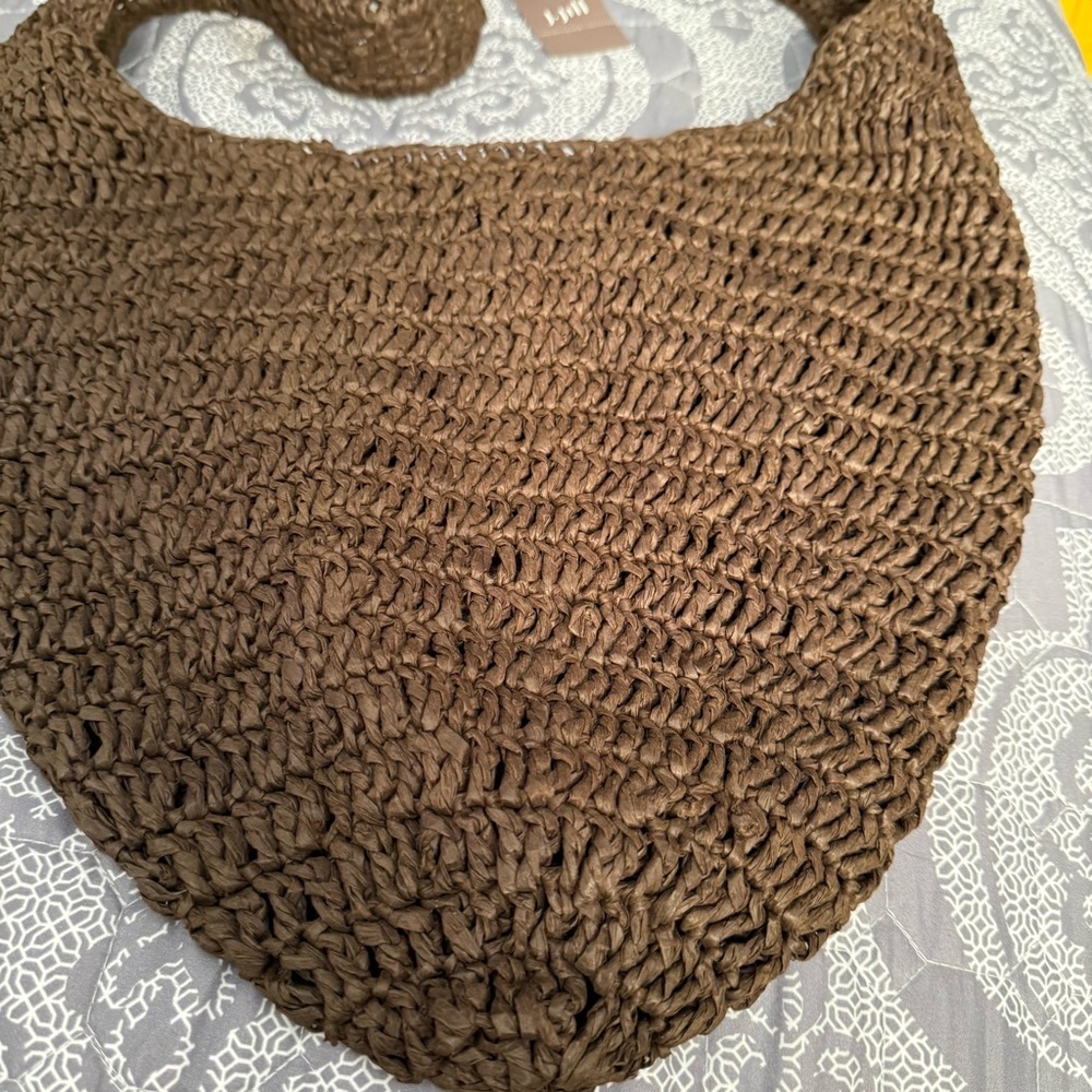 J Jill Boho Raffia Woven Shoulder Bucket Bag 2025 Color BROWN NWT $69. Gift - Picture 4 of 11